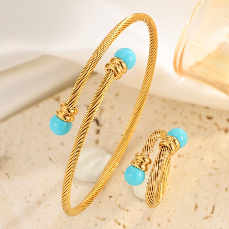 18k Classy Twisted Turquoise Bangle & Ring Set