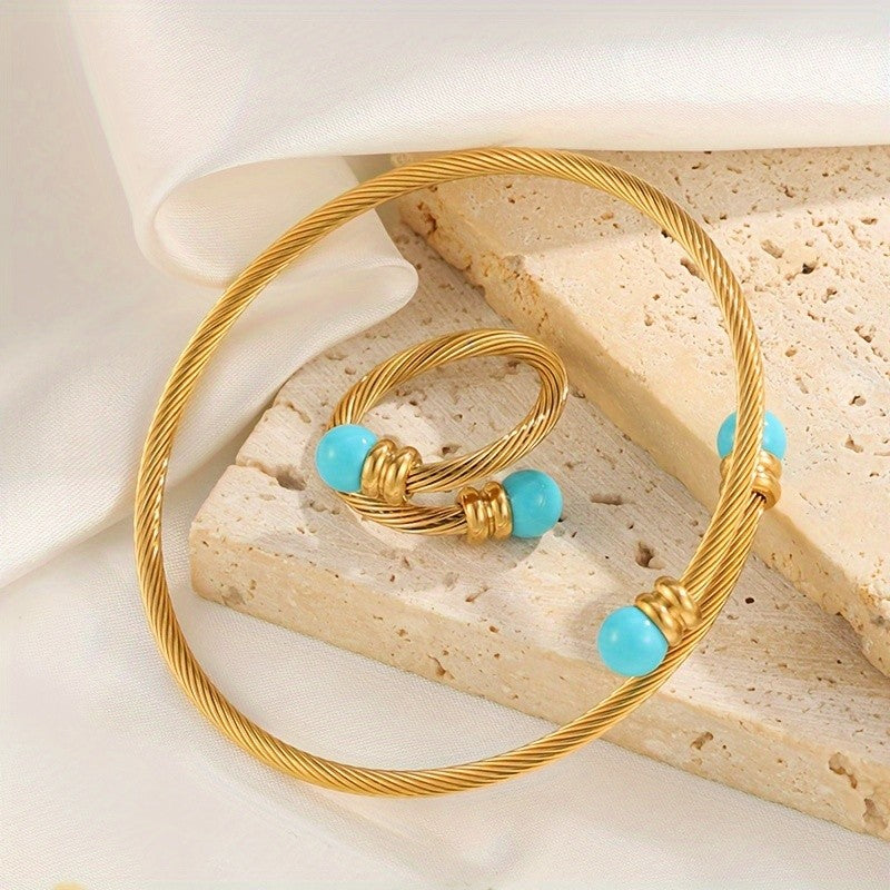 18k Classy Twisted Turquoise Bangle & Ring Set