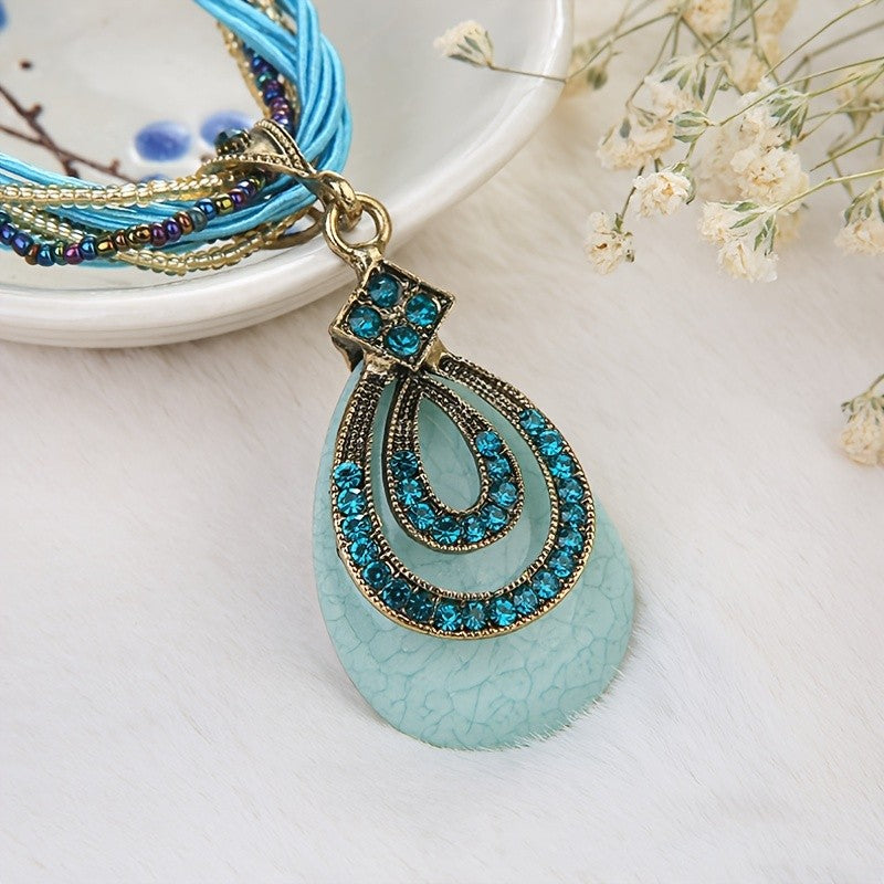 Boho Blue Crystal Teardrop Necklace