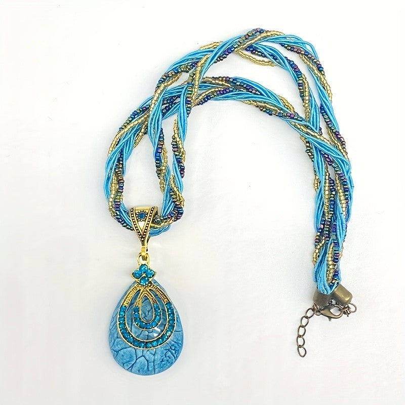 Boho Blue Crystal Teardrop Necklace