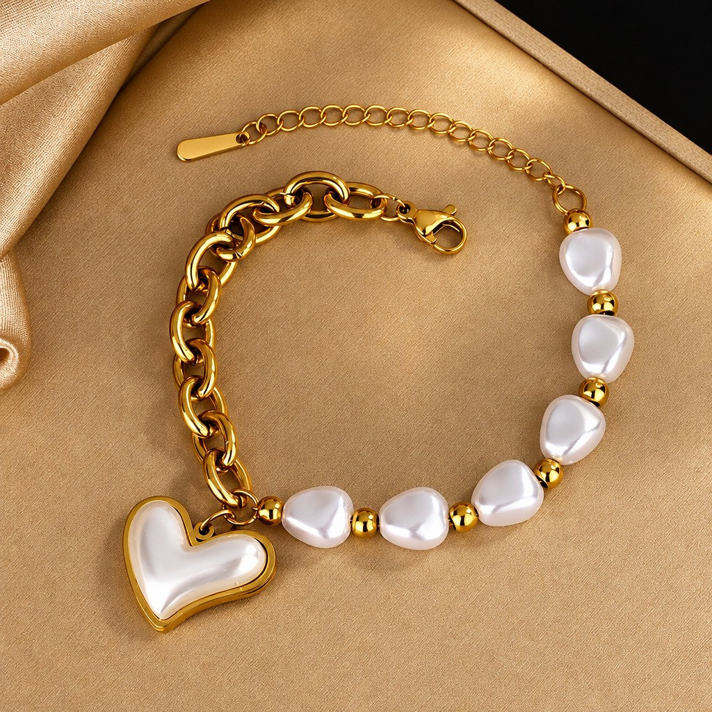 18k Elegant Baroque Pearl Heart Bracelet