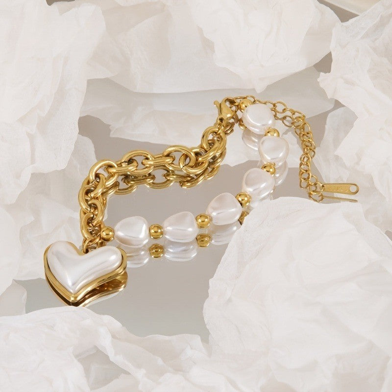 18k Elegant Baroque Pearl Heart Bracelet