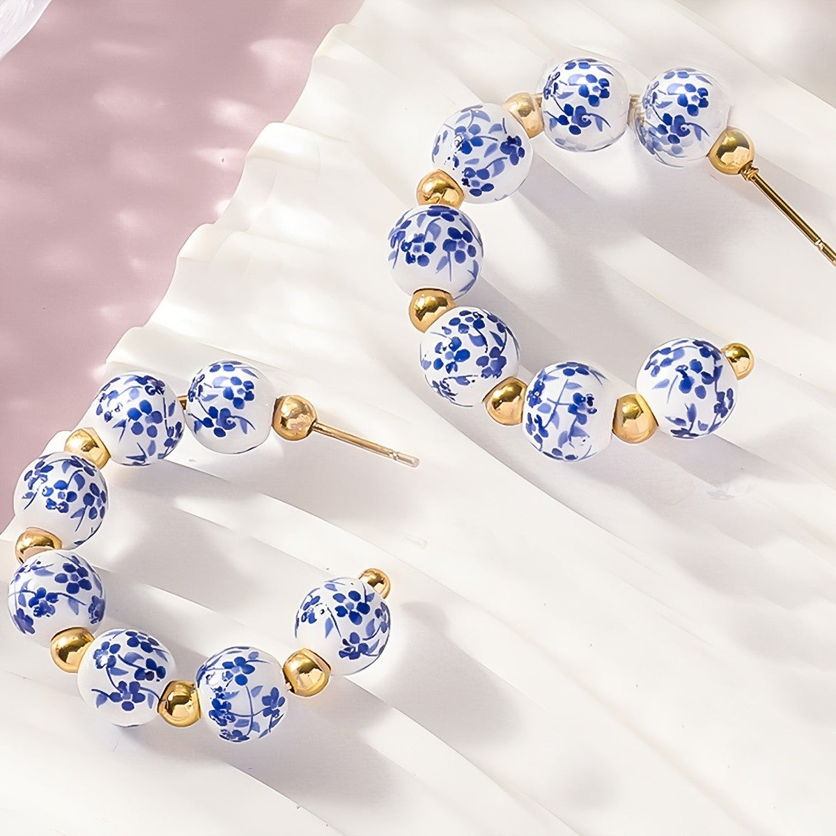 Vintage Blue Floral Ceramic Hoop Earrings