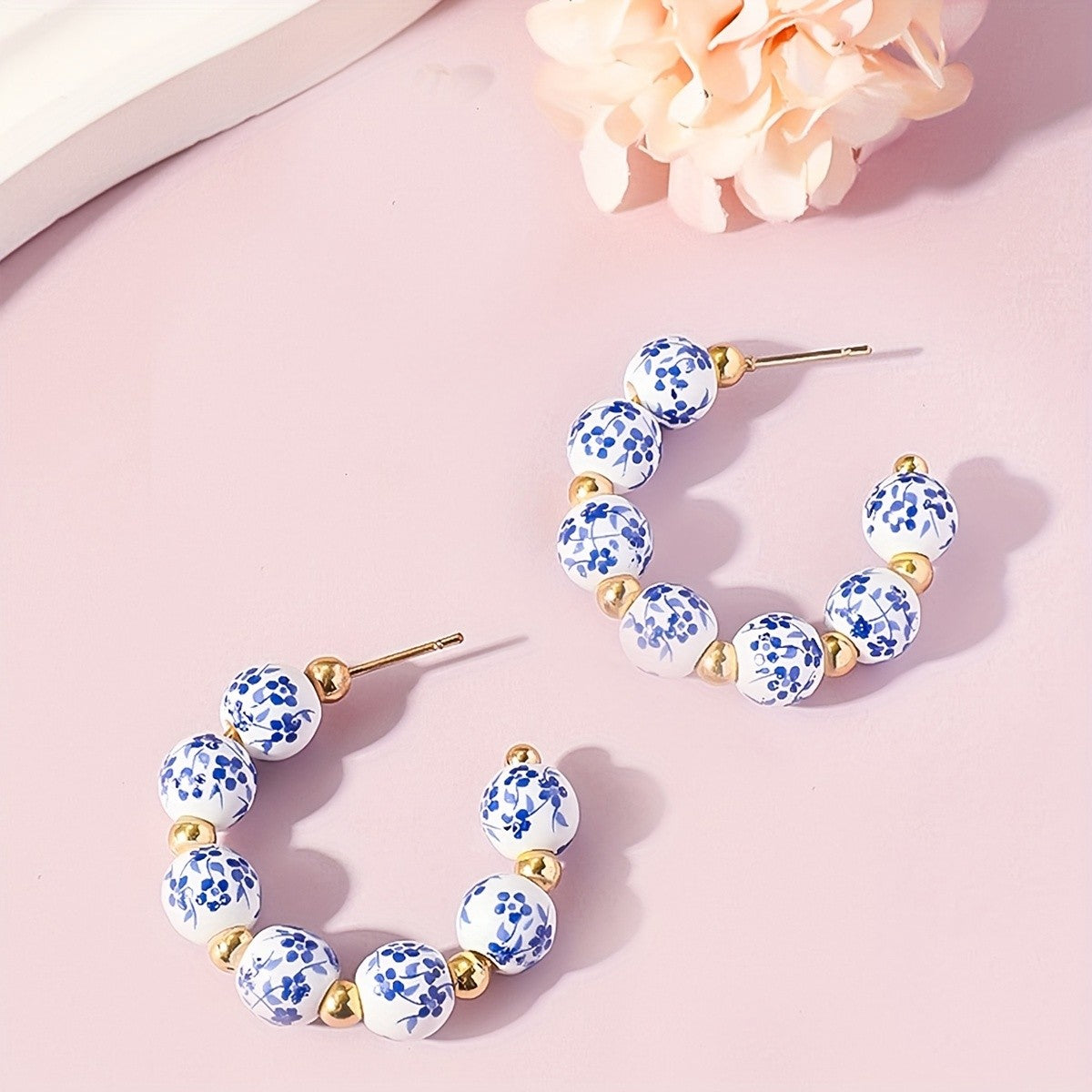 Vintage Blue Floral Ceramic Hoop Earrings