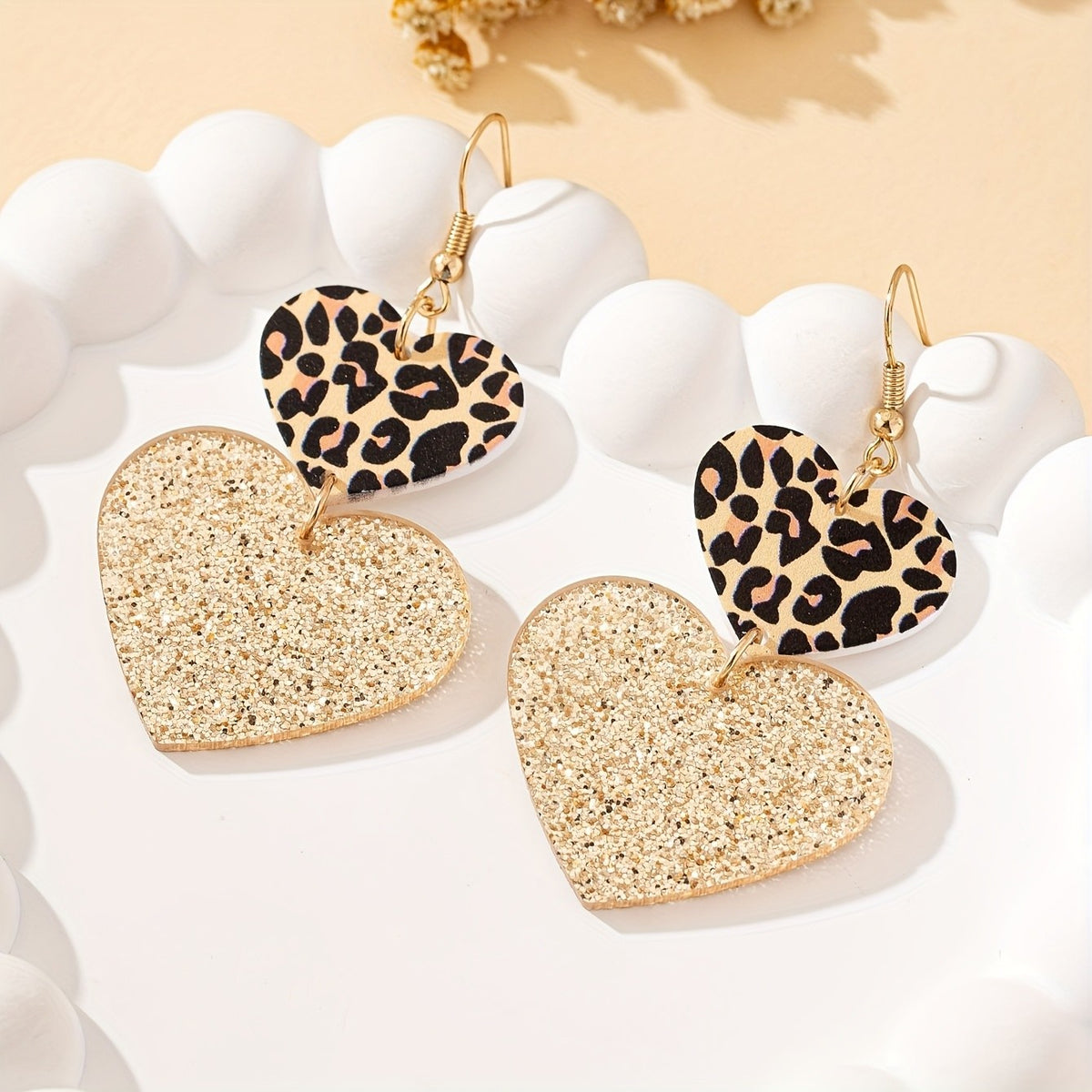 Leopard Print & Glitter Heart Drop Earrings