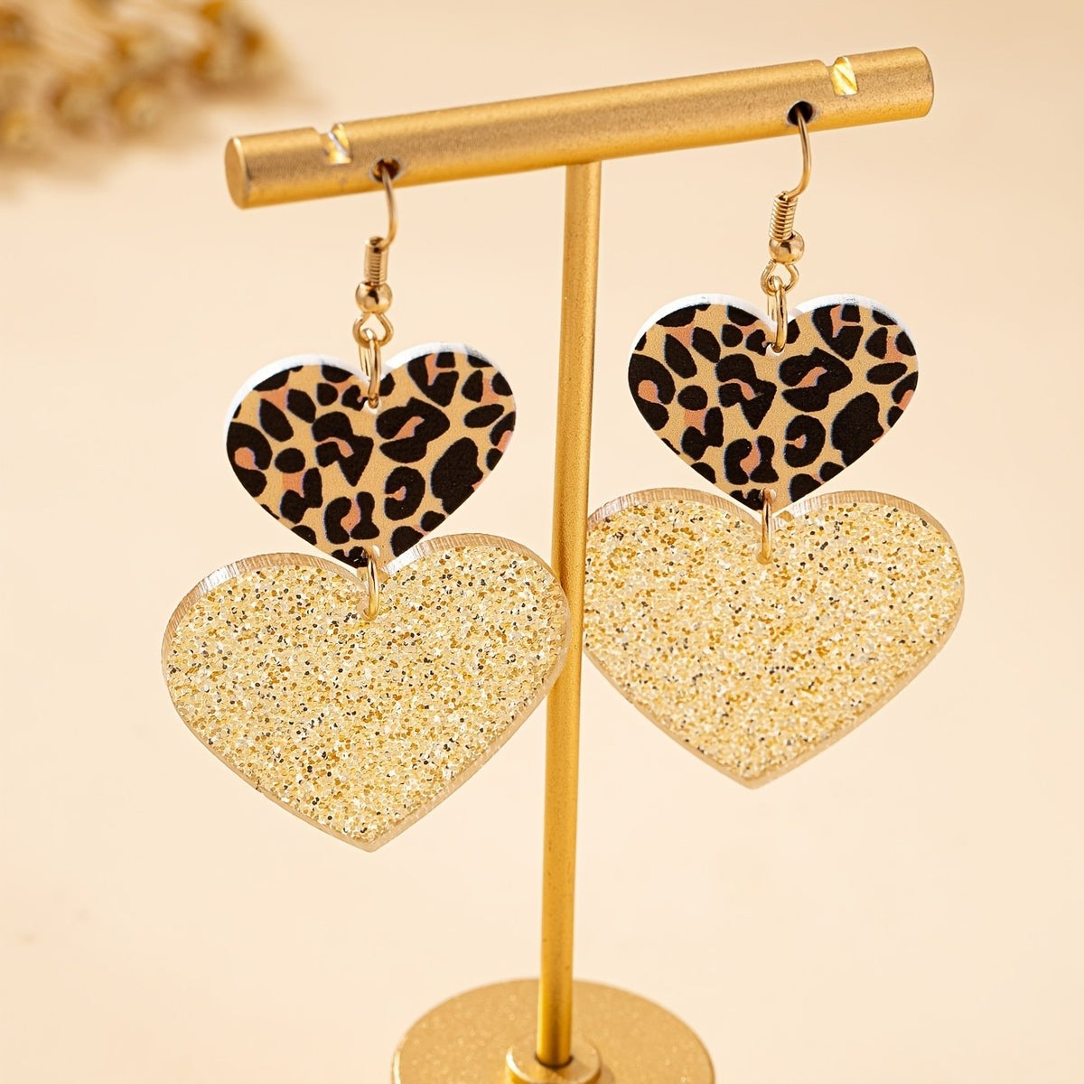 Leopard Print & Glitter Heart Drop Earrings