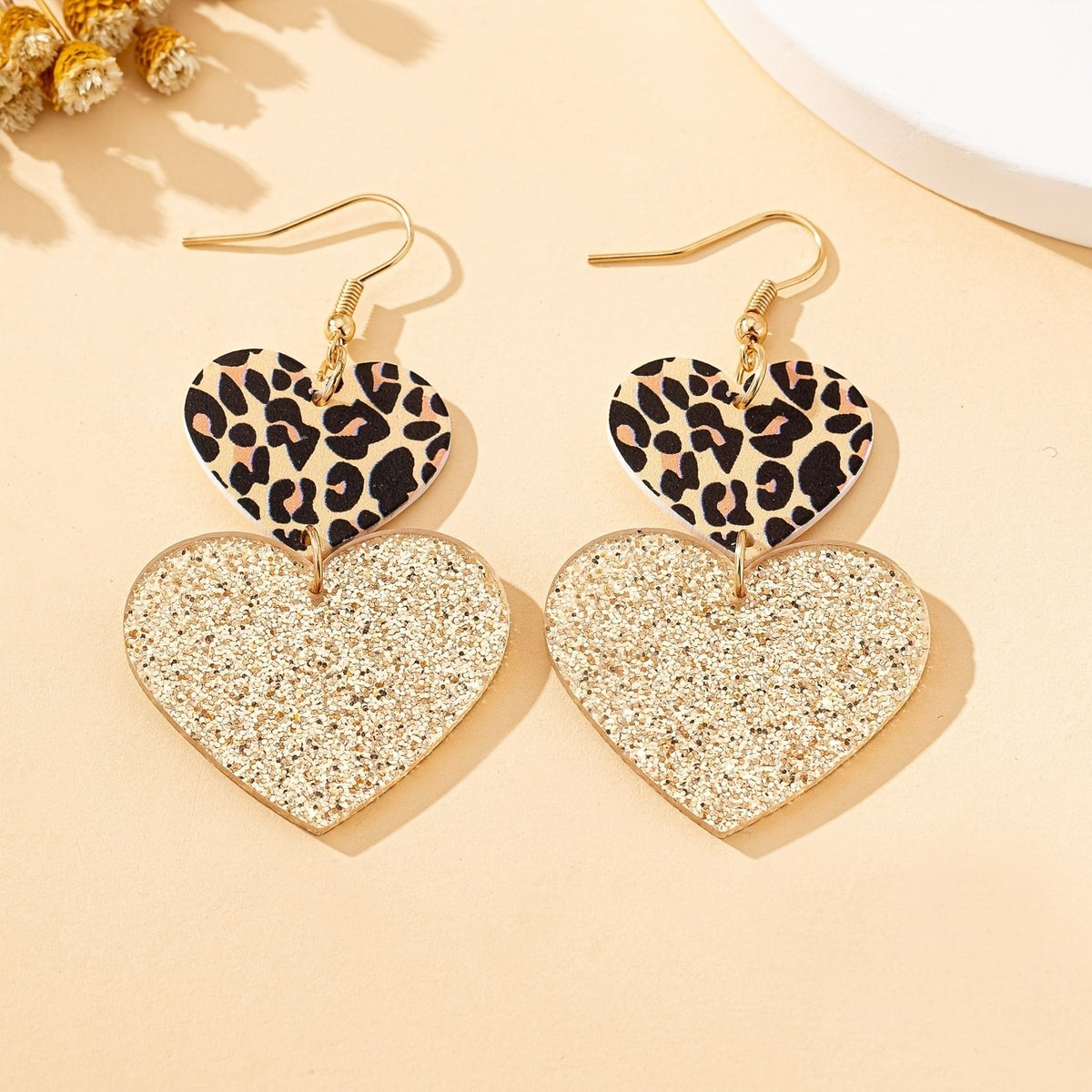 Leopard Print & Glitter Heart Drop Earrings