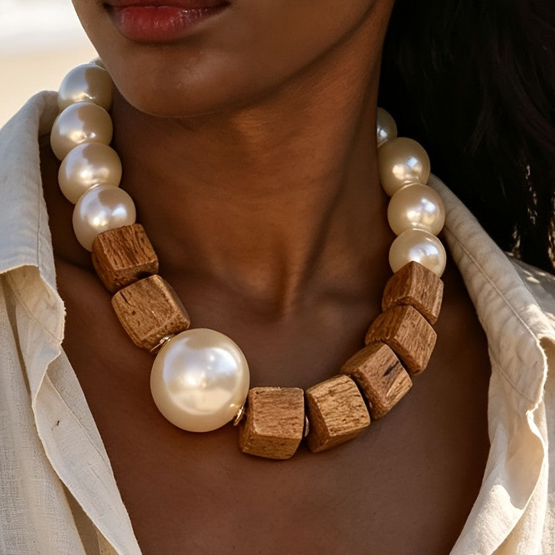 Boho Faux Pearl Wood Bead Necklace