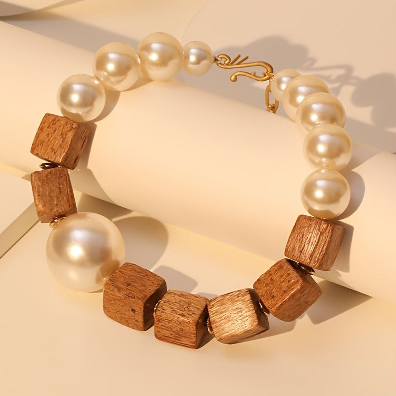 Boho Faux Pearl Wood Bead Necklace