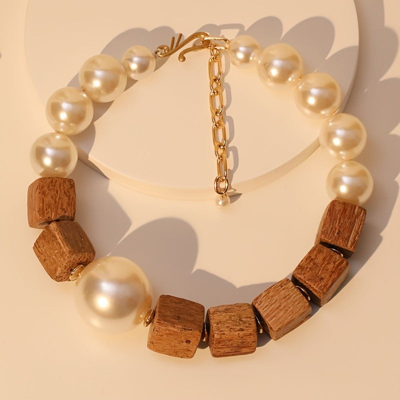 Boho Faux Pearl Wood Bead Necklace