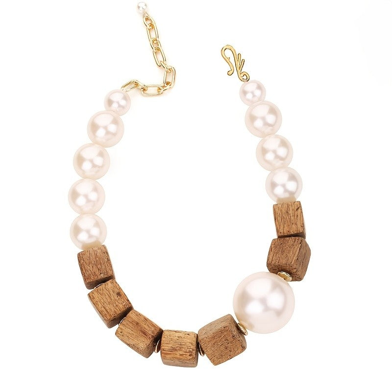 Boho Faux Pearl Wood Bead Necklace