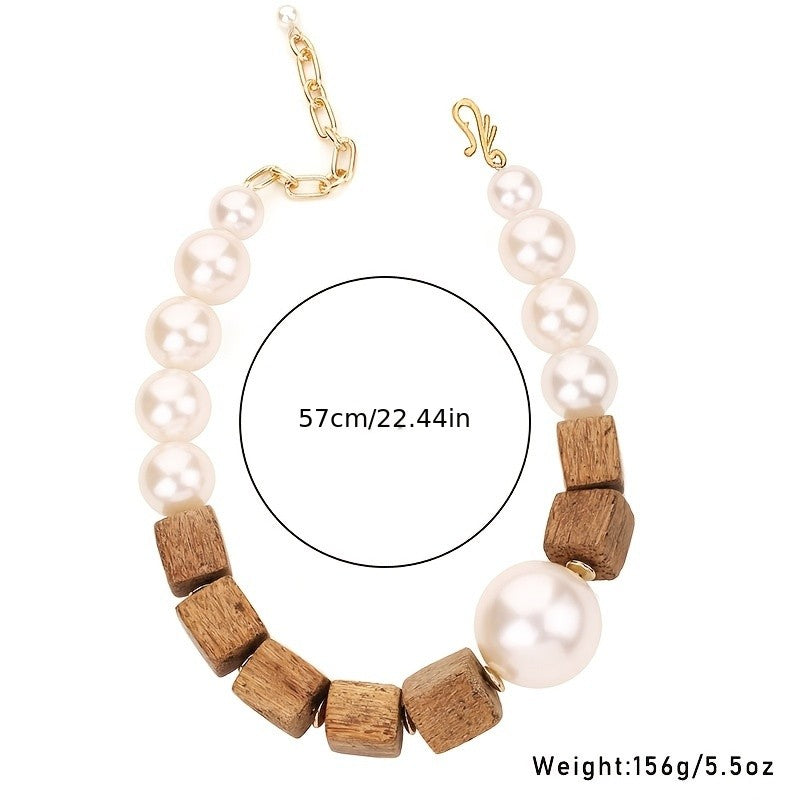 Boho Faux Pearl Wood Bead Necklace