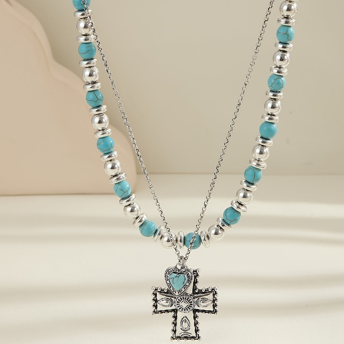 Boho Turquoise Heart Cross Necklace