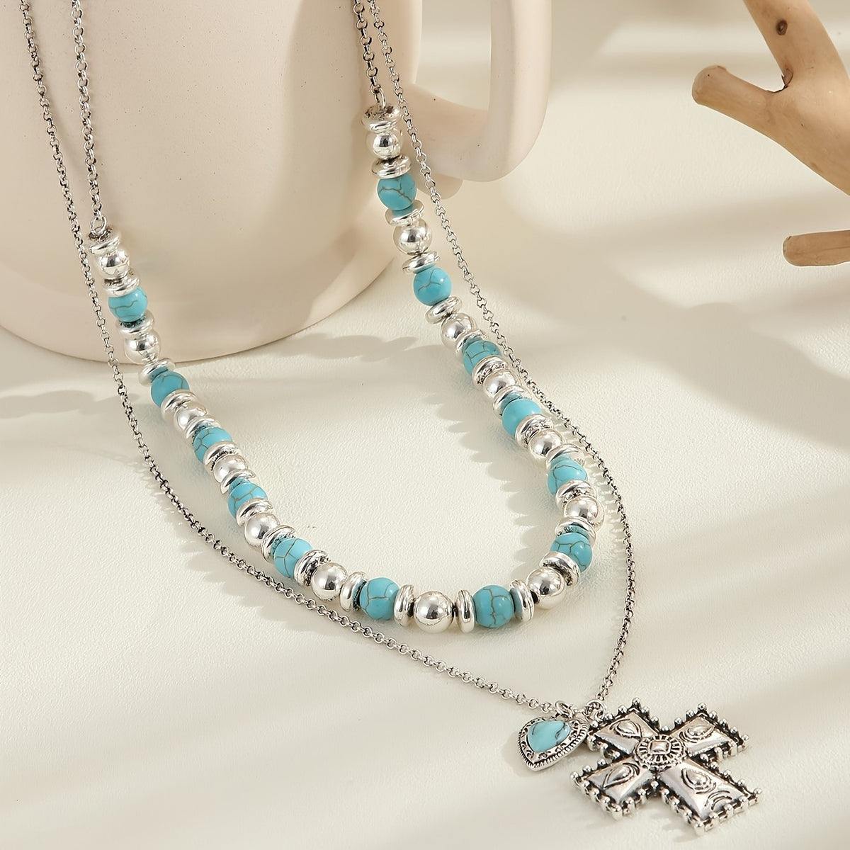 Boho Turquoise Heart Cross Necklace