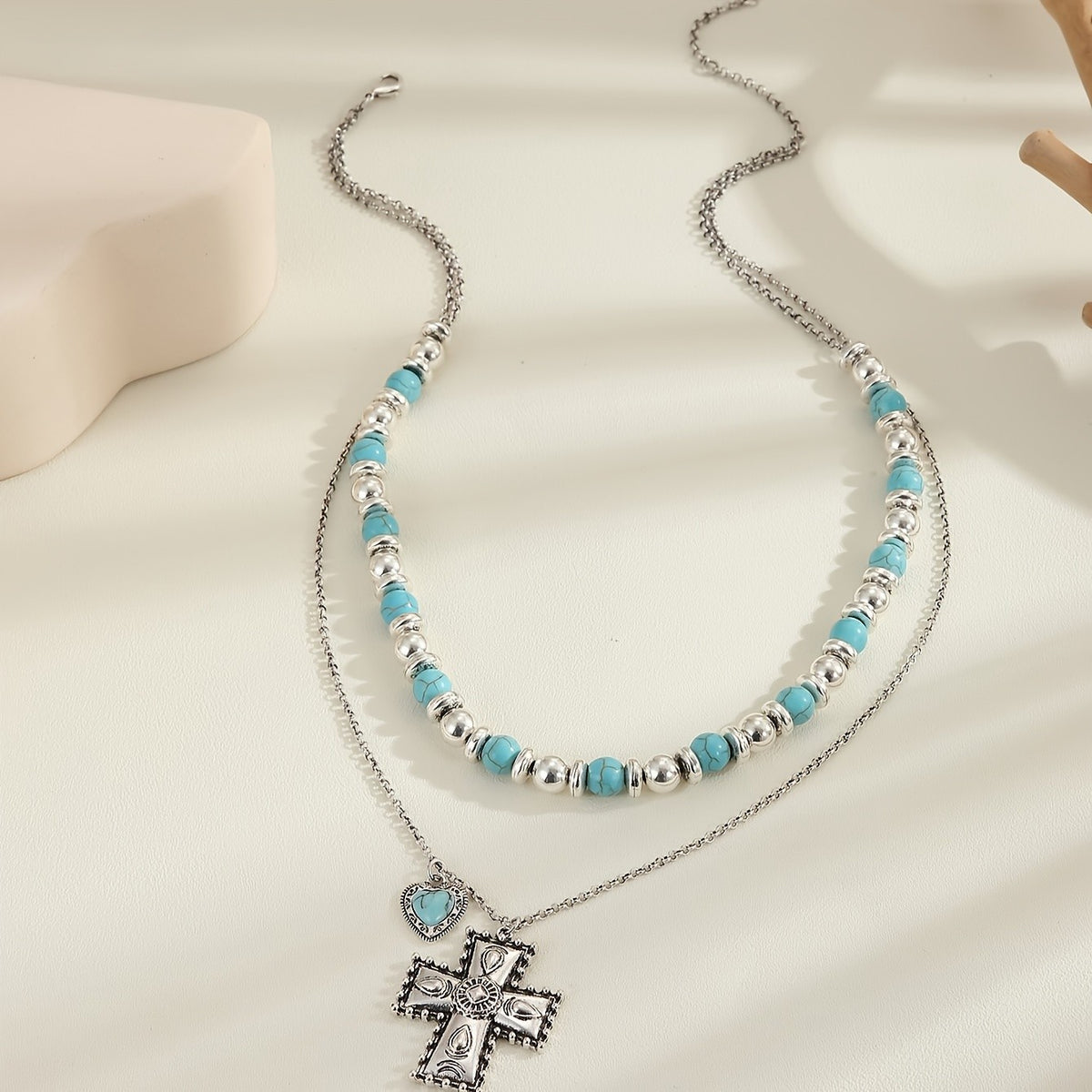 Boho Turquoise Heart Cross Necklace