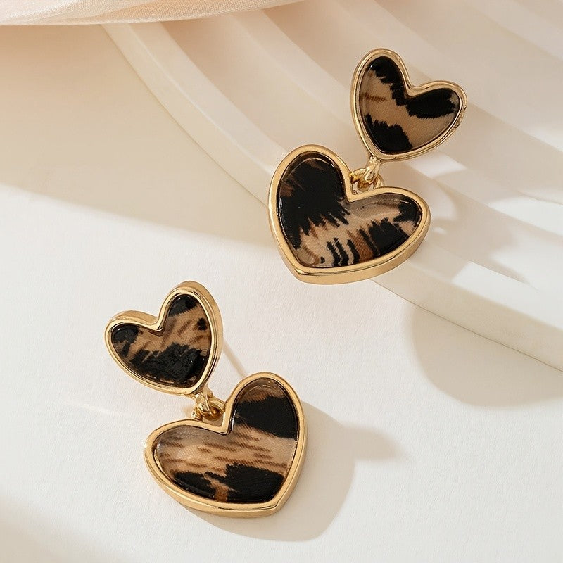 Leopard Print Double Heart Drop Earrings