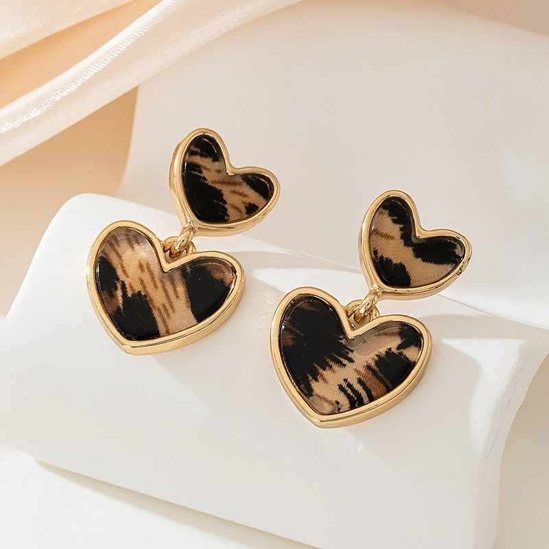 Leopard Print Double Heart Drop Earrings