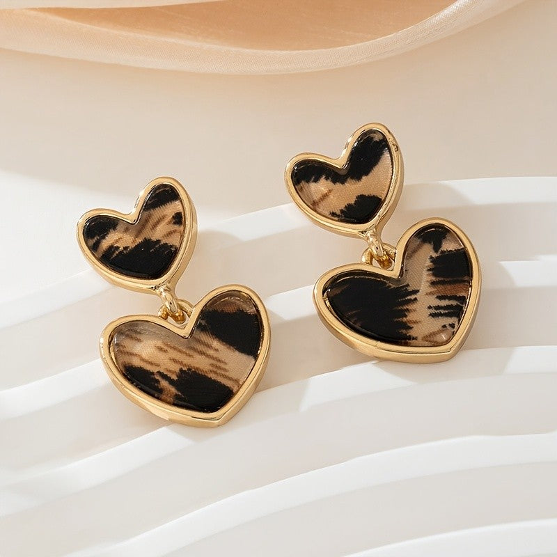 Leopard Print Double Heart Drop Earrings