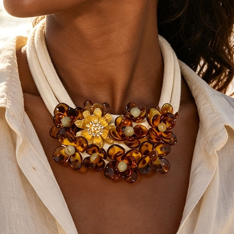 Boho Amber Resin Flower Collar Necklace
