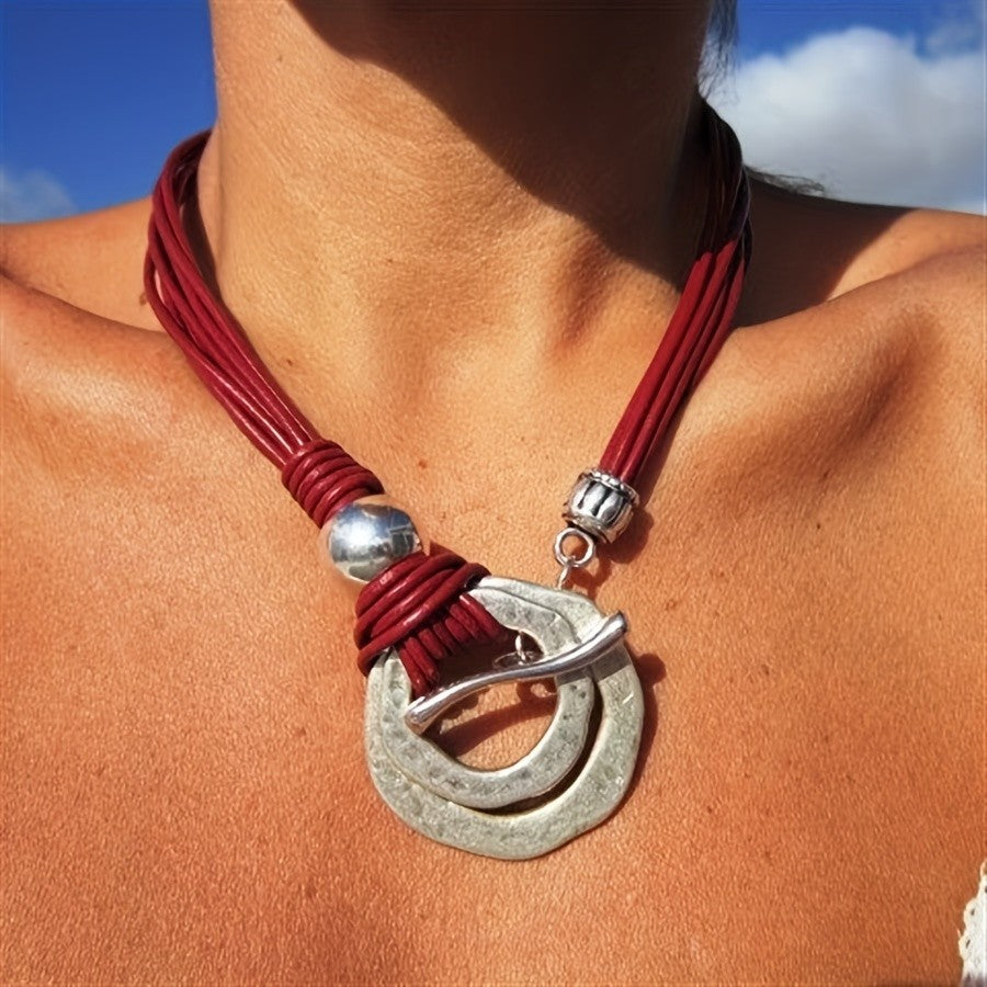 Boho Red Cord Horseshoe Necklace