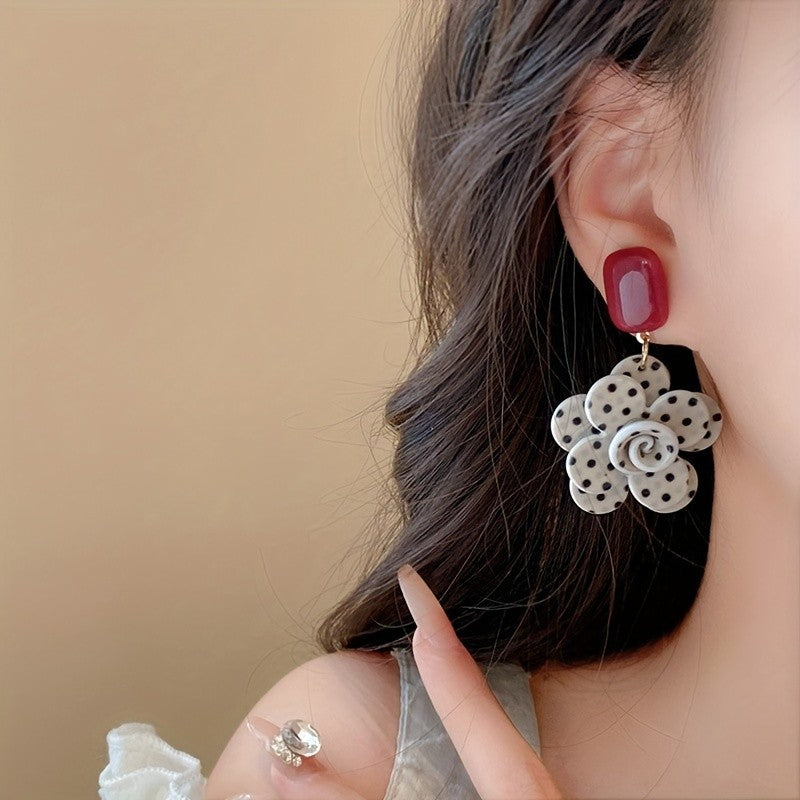 Classy White Polka Dot Flower Earrings