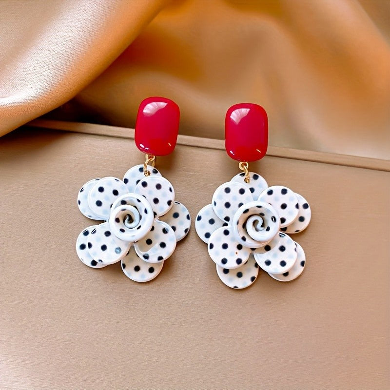 Classy White Polka Dot Flower Earrings