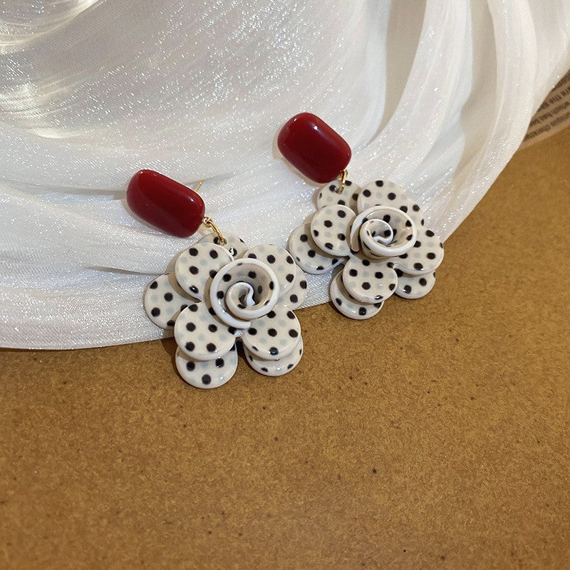Classy White Polka Dot Flower Earrings