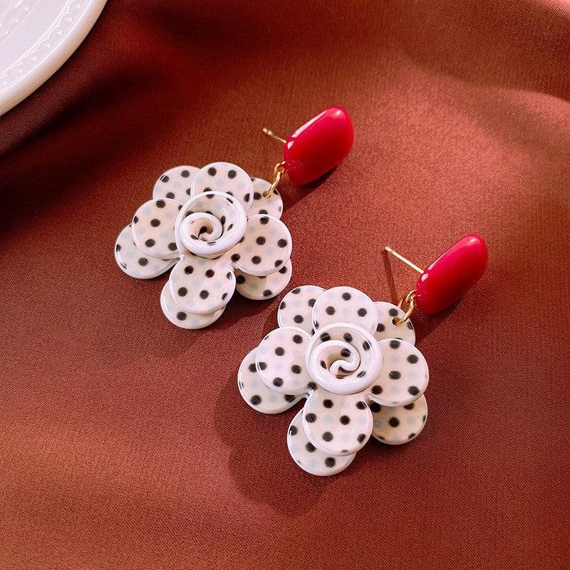 Classy White Polka Dot Flower Earrings