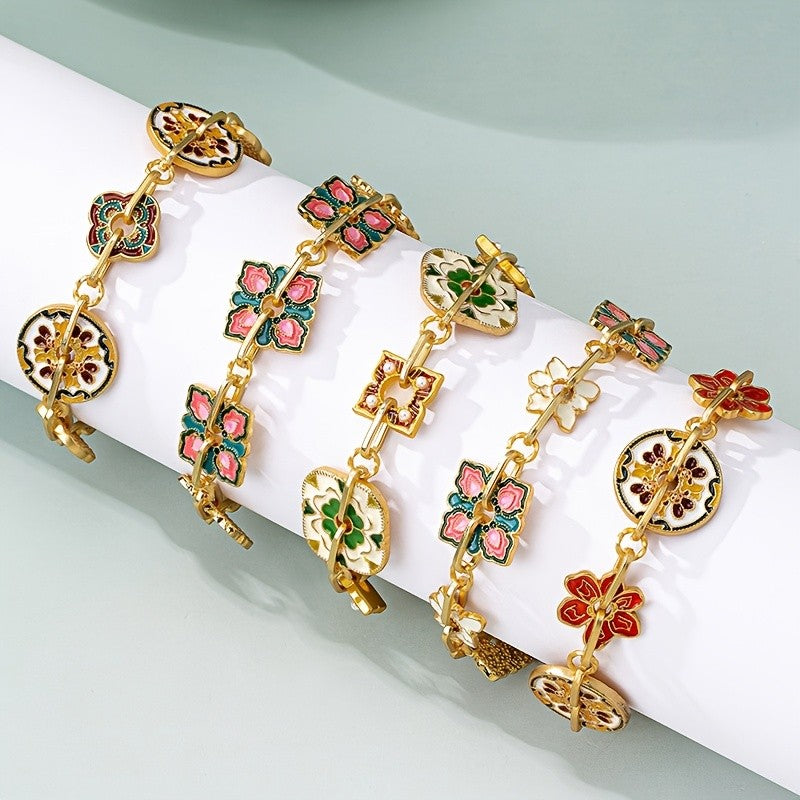 Vintage Enamel Floral Link Bracelet