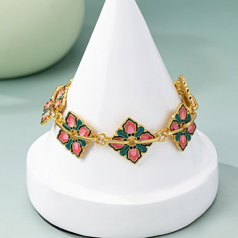 Vintage Enamel Floral Link Bracelet