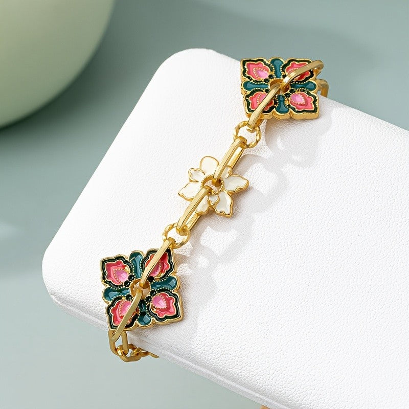 Vintage Enamel Floral Link Bracelet
