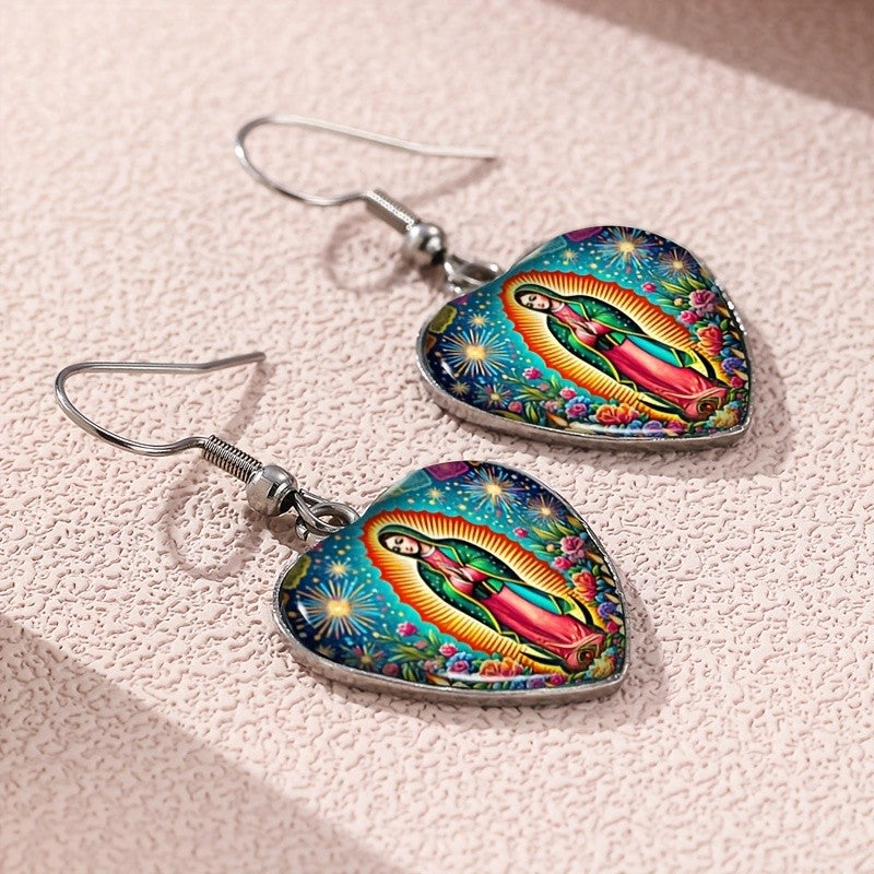 Vintage Our Lady of Guadalupe Heart Earrings