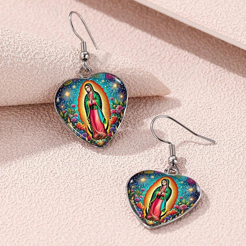 Vintage Our Lady of Guadalupe Heart Earrings