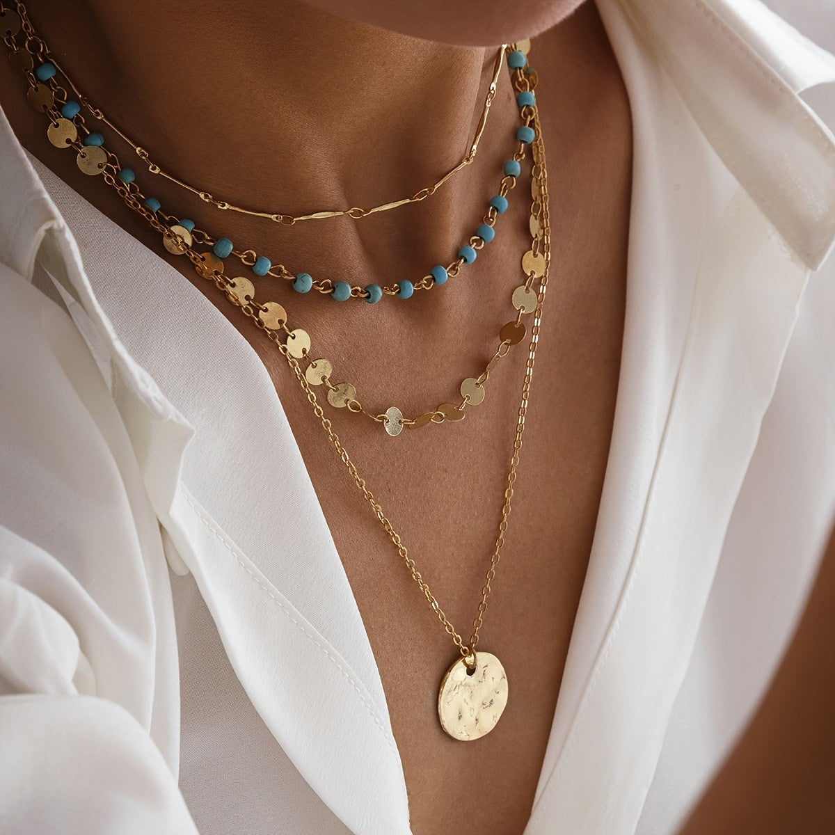 4pc Boho Layered Disc Necklace Set