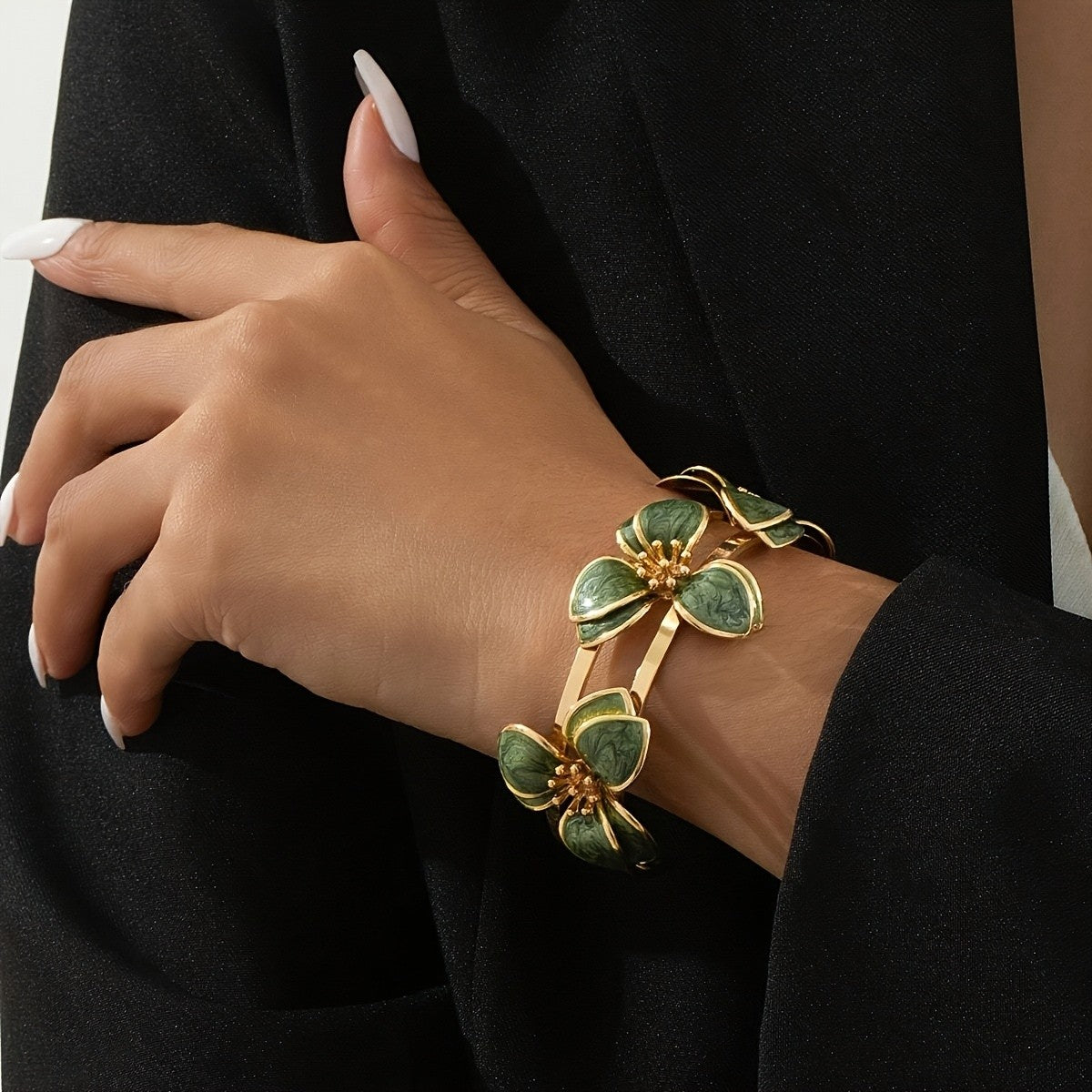 Elegant Green Floral Open Cuff Bracelet