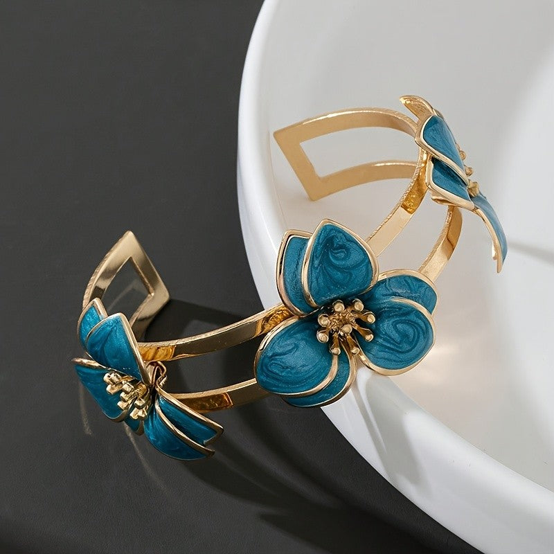 Elegant Green Floral Open Cuff Bracelet