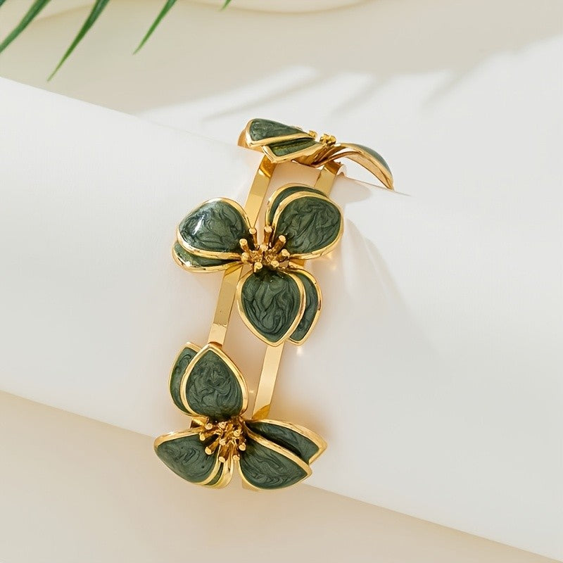 Elegant Green Floral Open Cuff Bracelet