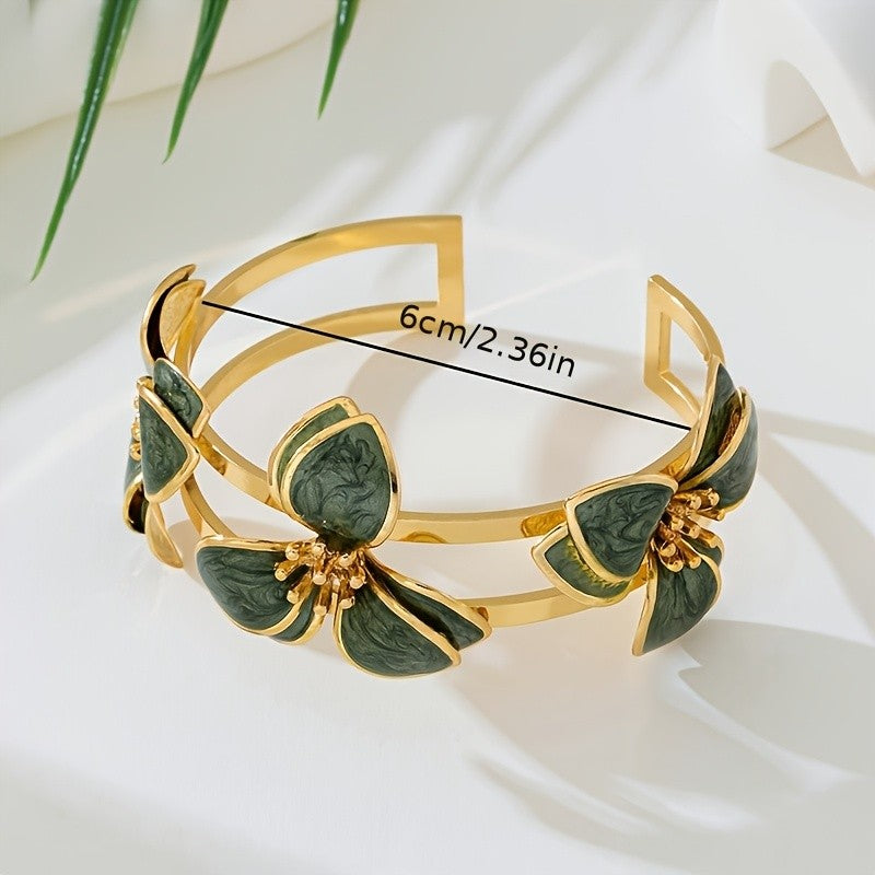 Elegant Green Floral Open Cuff Bracelet