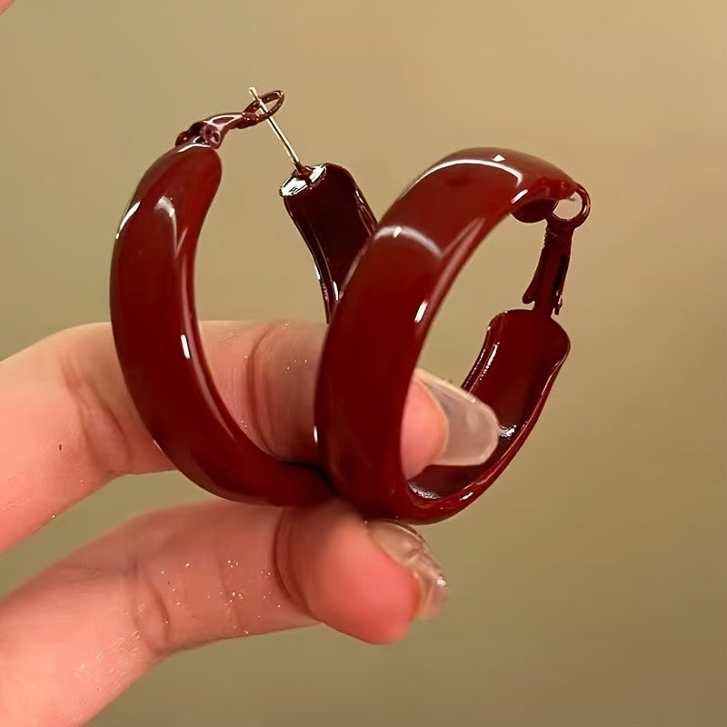 Vintage Glossy Red Wide Hoop Earrings