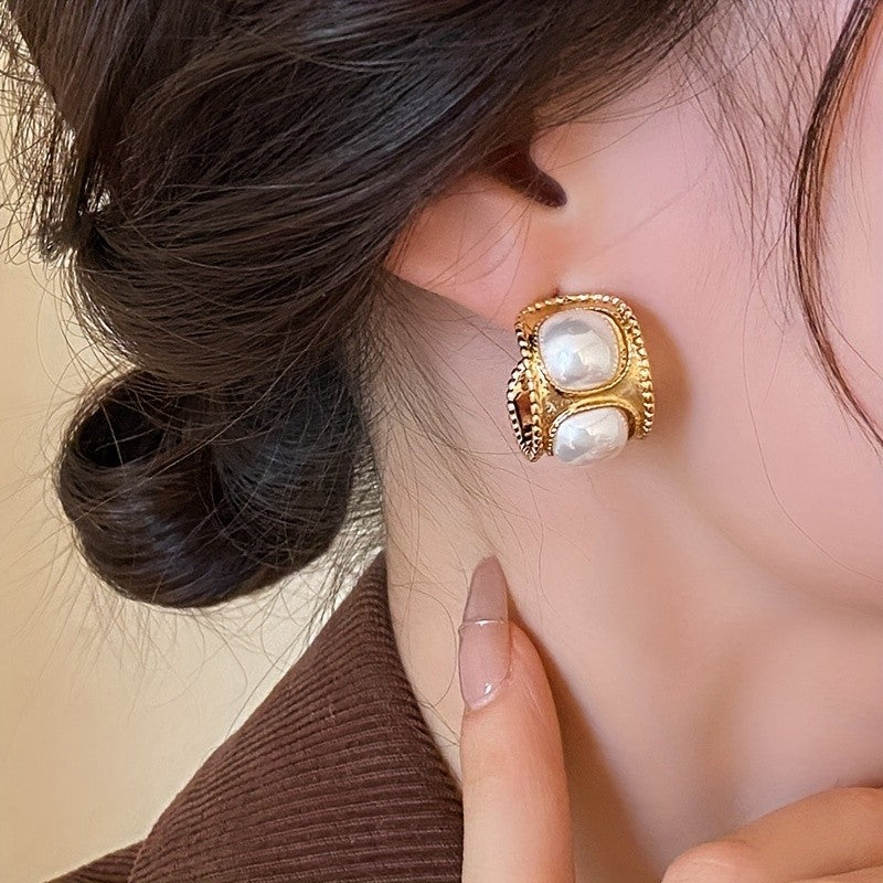 Vintage Elegant Double Pearl Stud Earrings
