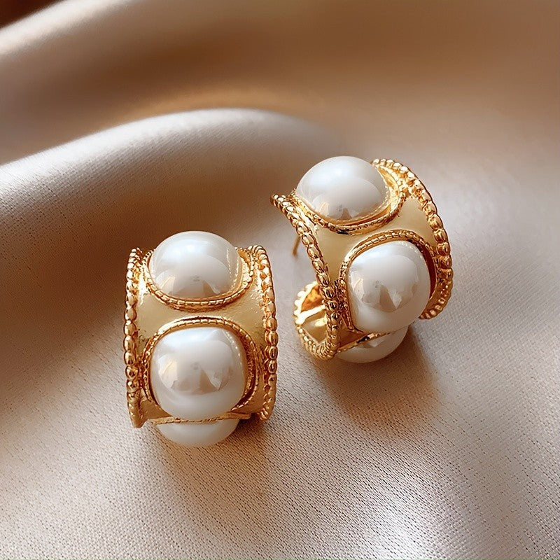 Vintage Elegant Double Pearl Stud Earrings