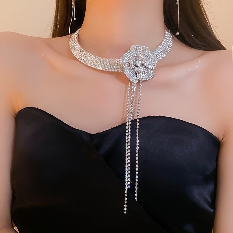 Classy Rhinestone Bow Tassel Choker Necklace