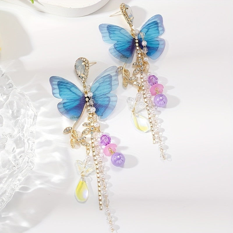 Romantic Blue Butterfly Tassel Earrings