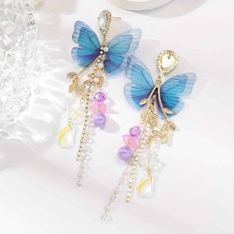 Romantic Blue Butterfly Tassel Earrings