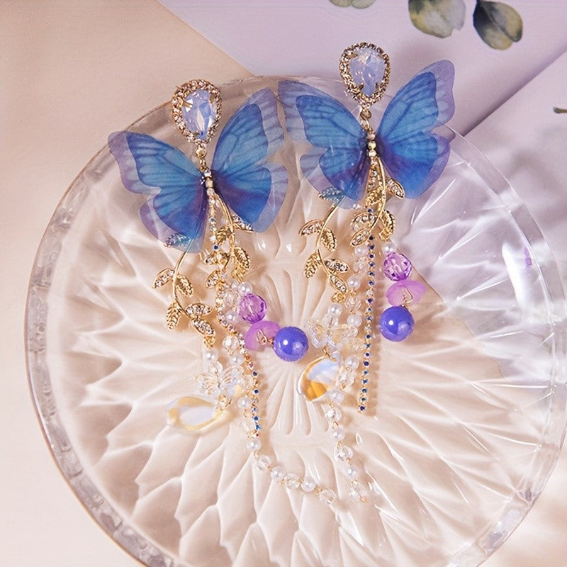 Romantic Blue Butterfly Tassel Earrings