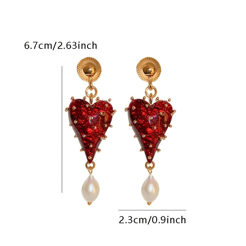 18k Vintage Red Resin Heart Drop Earrings