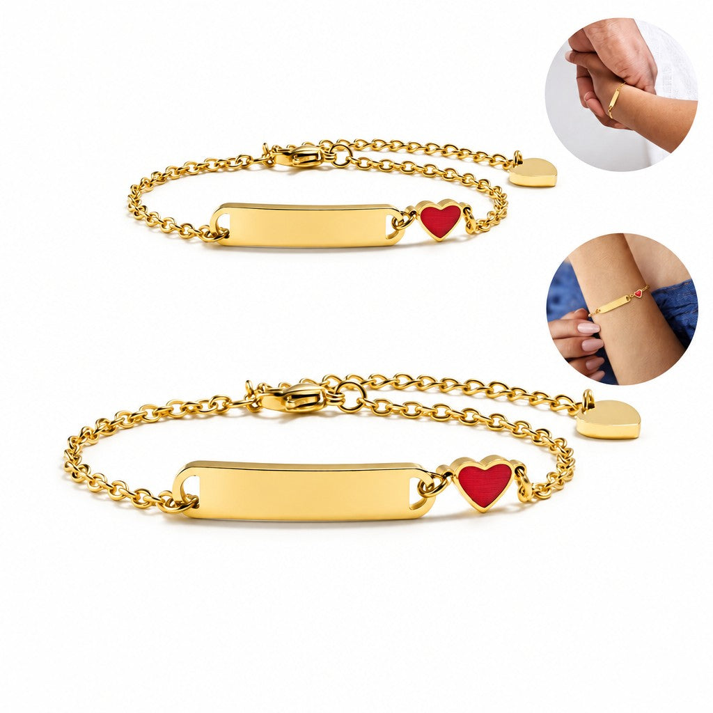 18k Dainty Mom and Baby Heart Bracelet Set