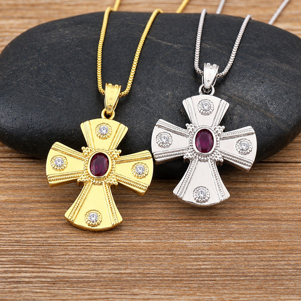 18k Vintage Inspired Ruby Cross Necklace