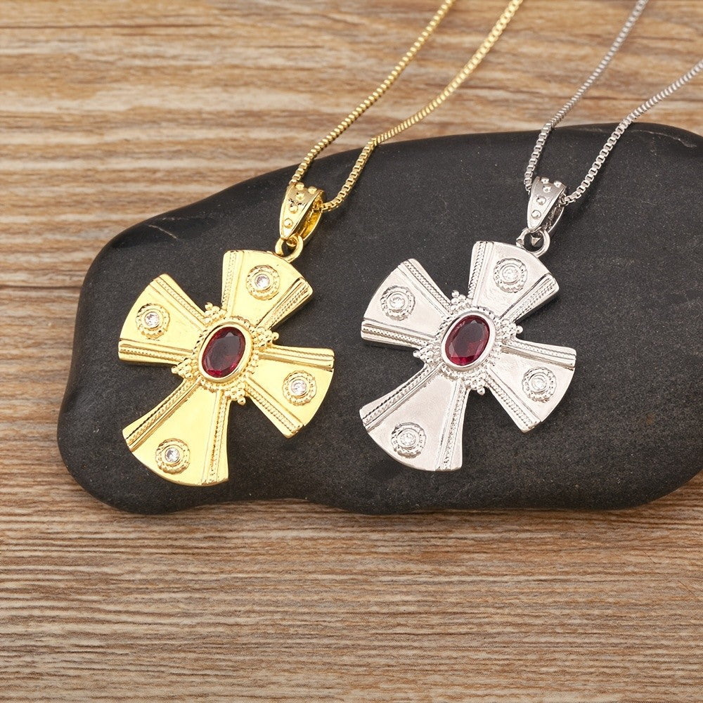 18k Vintage Inspired Ruby Cross Necklace