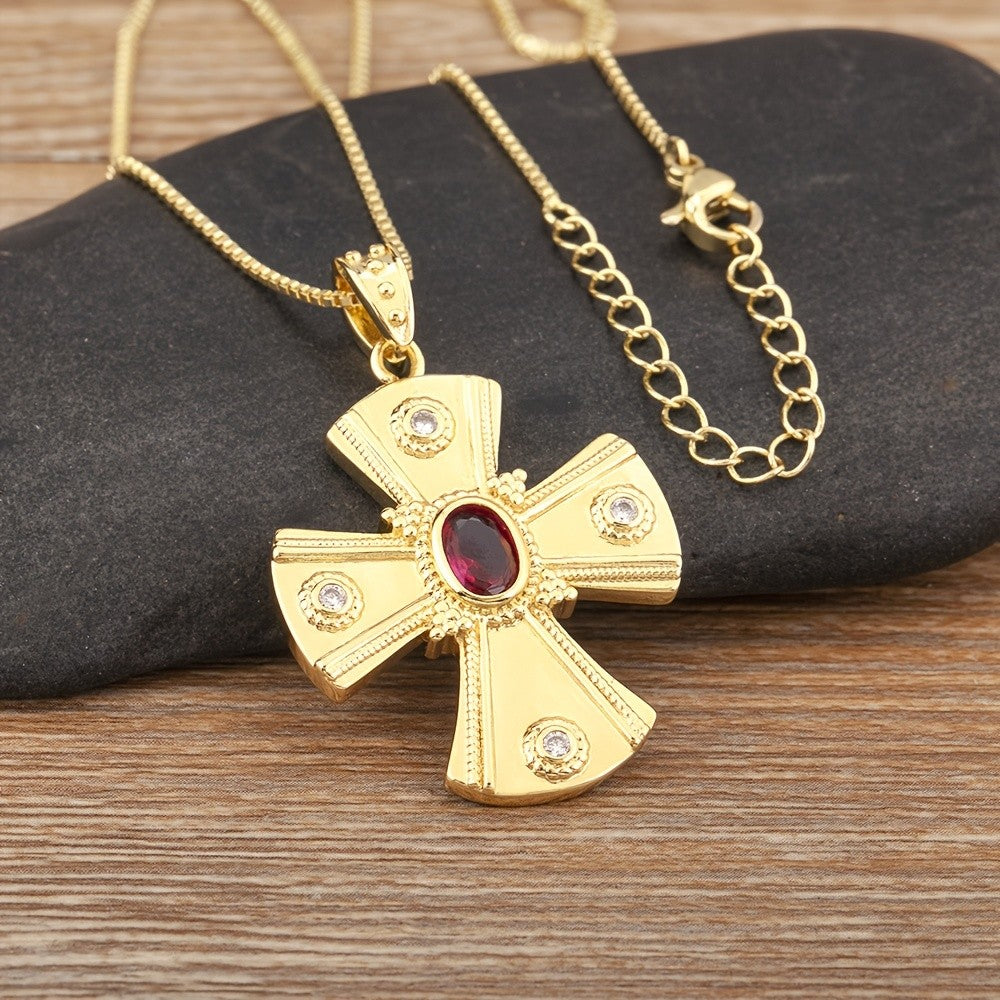 18k Vintage Inspired Ruby Cross Necklace